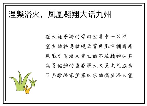 涅槃浴火，凤凰翱翔大话九州